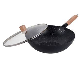 Kinghoff KH 1984 Wok serpenyő, 30 cm, üvegfedél gőzölőnyílással, márvány felület, indukció, fekete