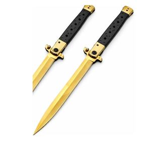 Zestaw 2 noży typu Stiletto, otwieranych ręcznie, 33 cm, ostrze metalowe w kolorze złotym