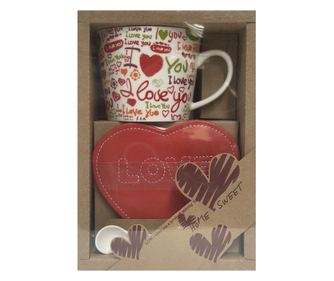 Porcelanasta skodelica, podstavek v obliki srca in darilni set z žličko - Tema ljubezni