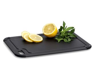Ekologiczna deska do krojenia z rowkiem na soki, czarny laminat z włókna drzewnego, certyfikat FSC, ok. 37 x 27,5 x 0,6 cm