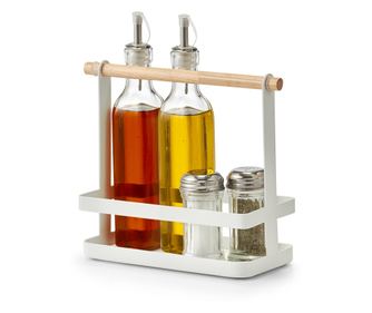 Zeller fűszertartó és palacktartó, fehér, fém és bambusz, 23,5x10x20 cm