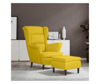 Fotelj z naslonjalom v obliki krila in taburejem, gorčično rumen, žamet