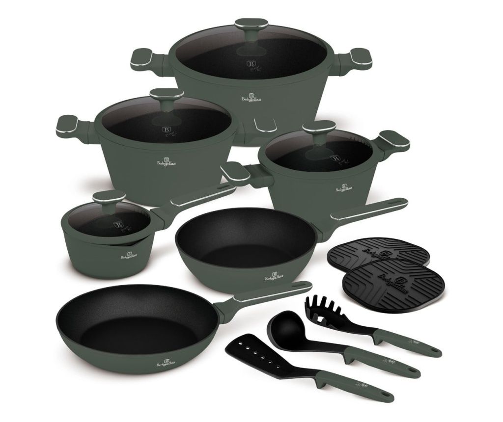 Set oale si tigai cu capace, 15 piese Green Matt Berlinger Haus BH 8208N, verde mat, antiaderente cu titan, inductie