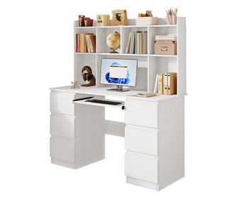 Birou modern cu extensie, alb, 6 sertare, rafturi de birou, cameră de studiu