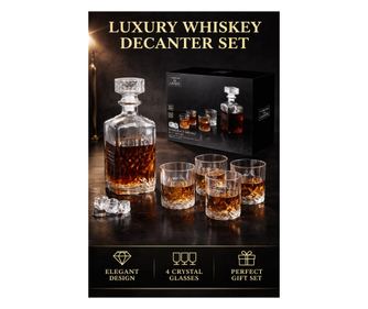 Whisky Dekantér Szett 940 ml-es Dekantérrel és 4 x 200 ml-es Pohárral, Modern Stílus