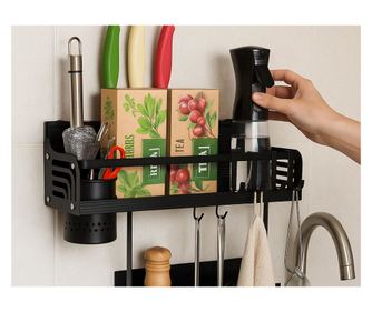 Etajera Metalica pentru Bucatarie/Baie,2 Niveluri, 39x12x24 cm, 6 carlige, Anti-coroziune, Anti-Rugina, culoare Negru