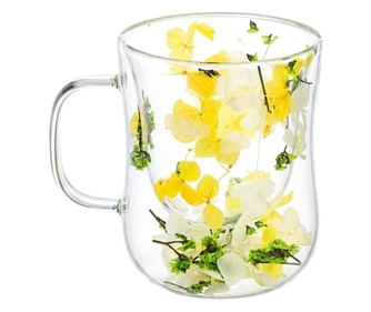 Cană cu inserție de flori uscate alb, galben și verde, hortensie și limonium, pereți dubli, sticlă borosilicată, 200 ml, Aurora