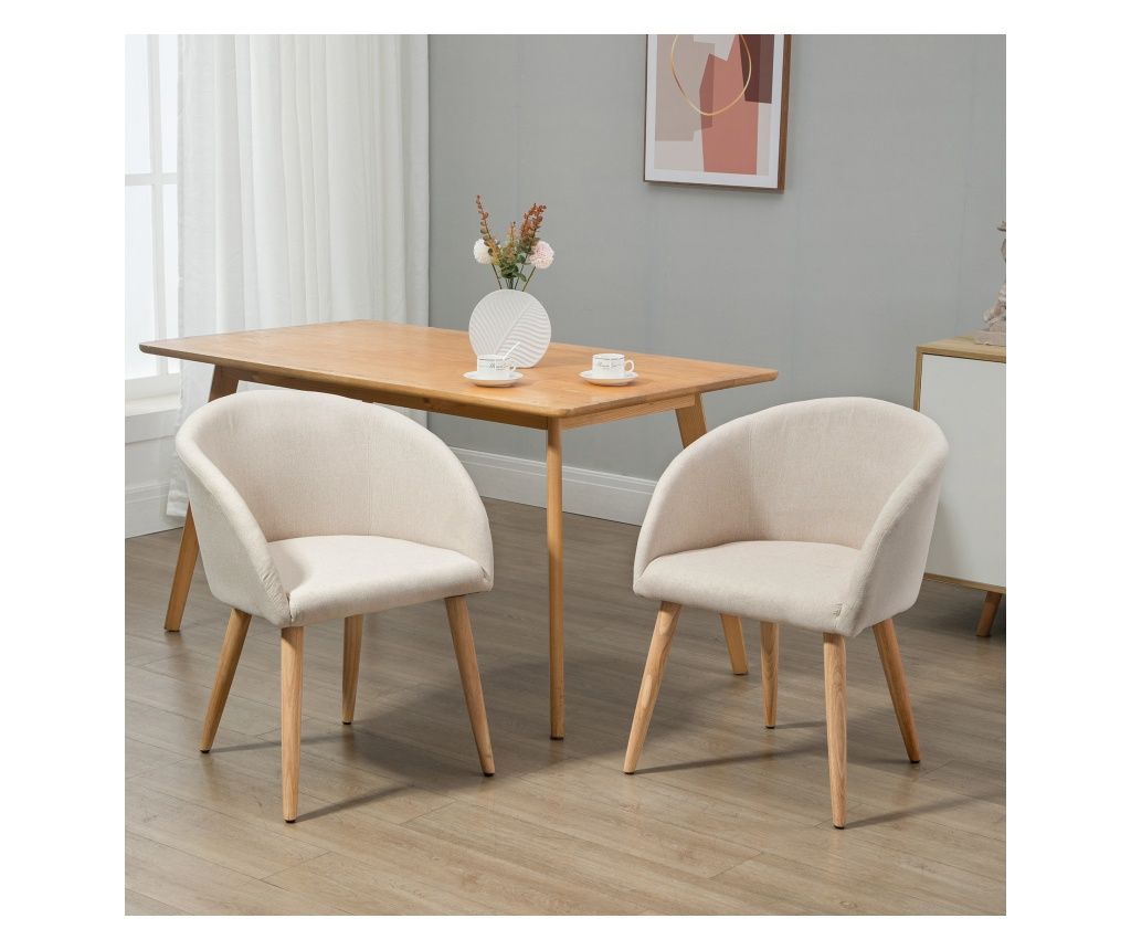 Set de 2 Scaune de Sufragerie Stil Scandinav, Scaune de Bucătărie din Material Textil cu Efect de Lin cu Scaun, Spătar și Brațe