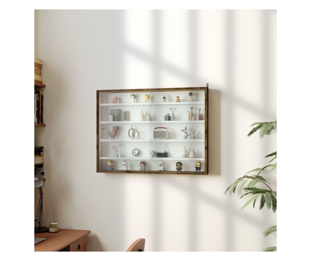 Wall Display Cabinet with 2 Glass Doors and 4 Adjustable Shelves, Brown