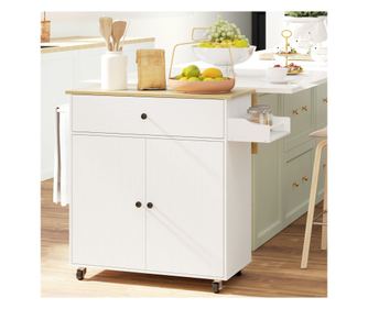 Insulă de Bucătărie cu Sertar, Dulap, Suport pentru Condimente și Suport pentru Prosoape, 106x42x87 cm, Alb și Stejar