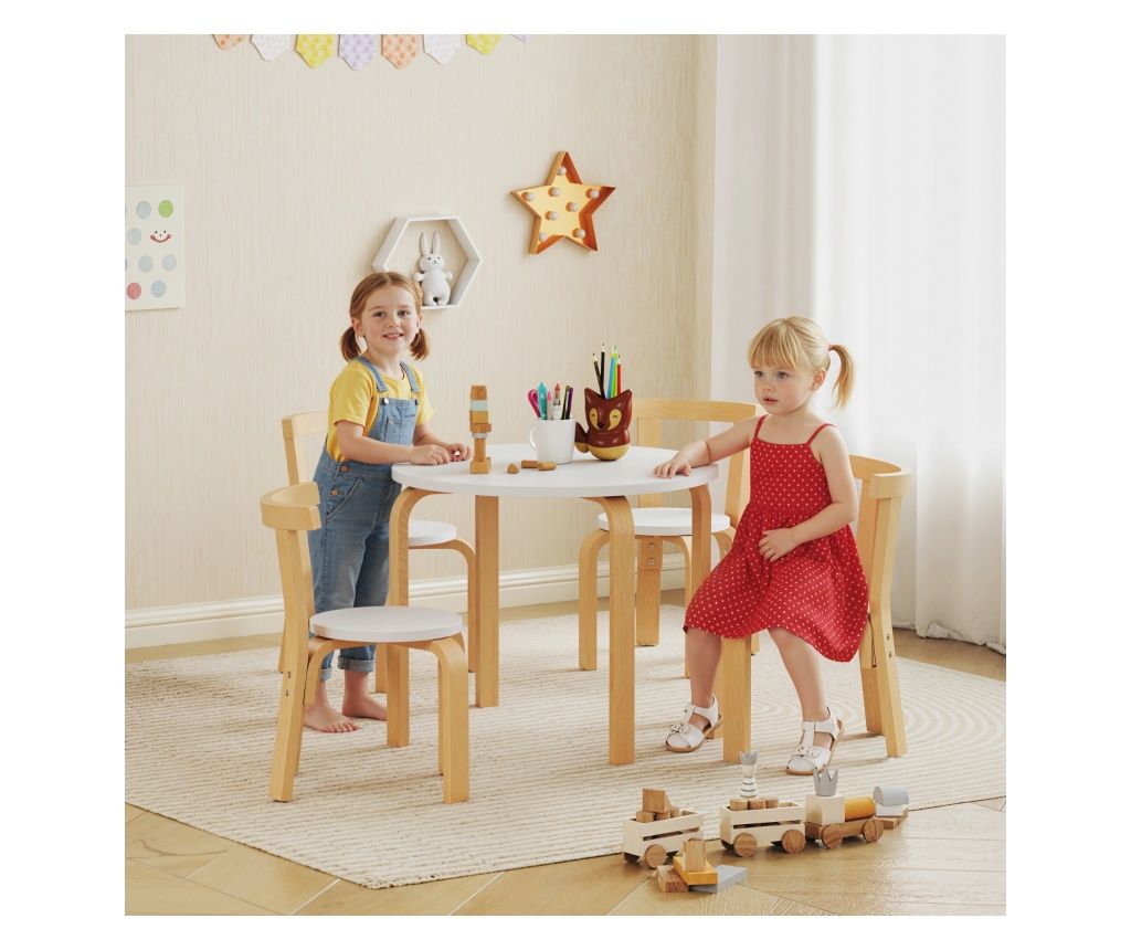 Kids Table and Chair Set 5 Pieces 3-8 Years Rounded Edges Wooden White