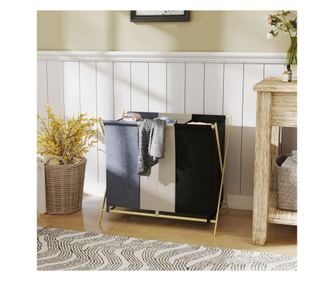 Coș de Rufe Pliabil cu 3 Compartimente, din Bambus și Material cu Efect de In, 75x48x67 cm, Multicolor