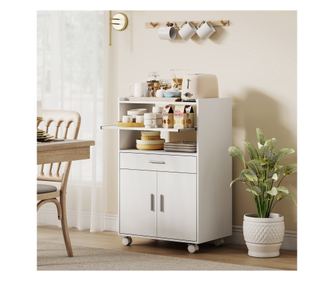 Dulap pentru Cuptorul cu Microunde din Lemn cu Sertar, Dulap cu 2 Uși și 2 Rafturi, 59x40x92 cm, Alb