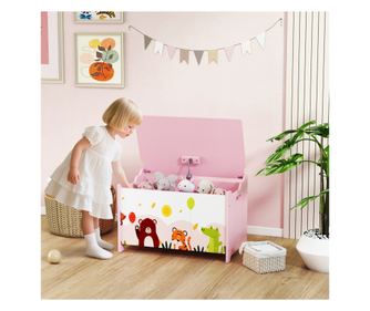Ladă de depozitare pentru jucării cu balamale de siguranță din lemn pentru copii, Roz