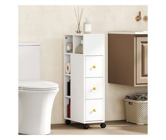 Спестяващ място шкаф за баня на колелца, 3 чекмеджета и 5 регулируеми рафта, 20x40x80 см, бял