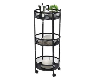3-poziomowy okrągły wózek z siatki drucianej – mobilny z kółkami, czarny Ø37x88 cm