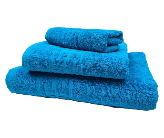 3 darabos fürdőlepedő szett görög szegéllyel, jacquard plüss luxus - 100% pamut, 500g/nm, türkiz