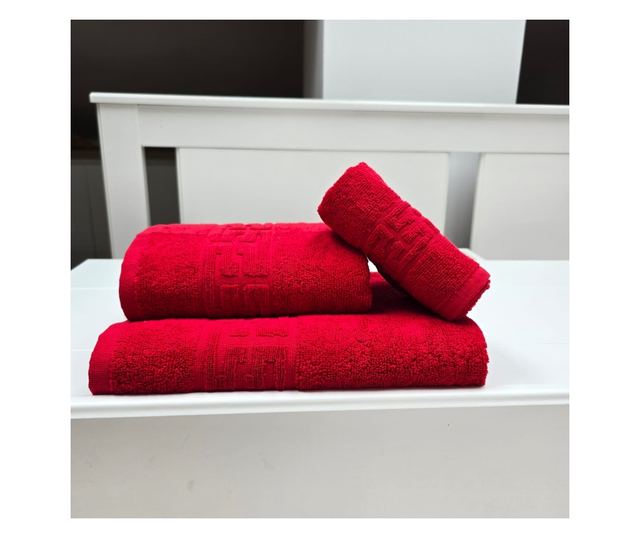 3 darabos Greek Border Jacquard Plüss Luxus fürdőlepedő szett - 100% pamut, 500g/nm, piros