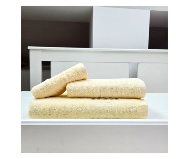 3 darabos Greek Border Jacquard Plüss Luxus Fürdőlepedő Szett - 100% Pamut, 500g/nm, elefántcsont