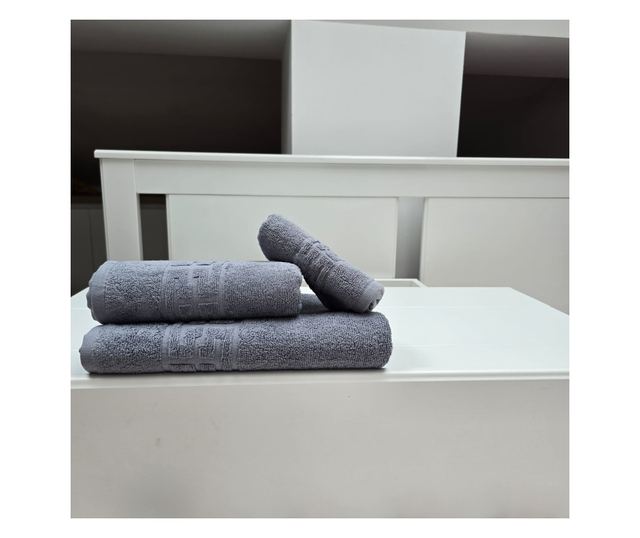 3 darabos Greek Border Jacquard Plüss Luxus fürdőlepedő szett - 100% pamut, 500g/m², szürke