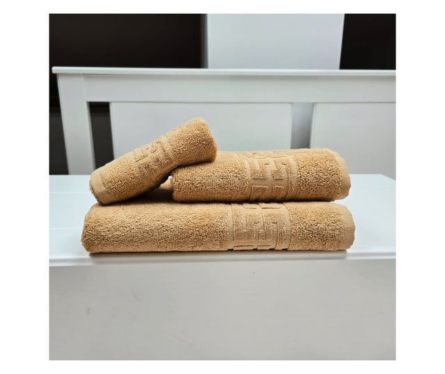 3 db görög szegélyű jacquard plüss luxus fürdőlepedő szett - 100% pamut, 500g/nm, cappuccino
