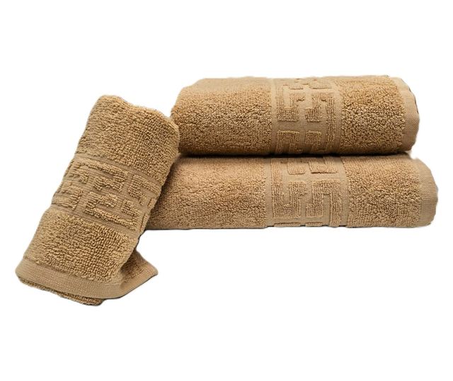 3 db görög szegélyű jacquard plüss luxus fürdőlepedő szett - 100% pamut, 500g/nm, cappuccino