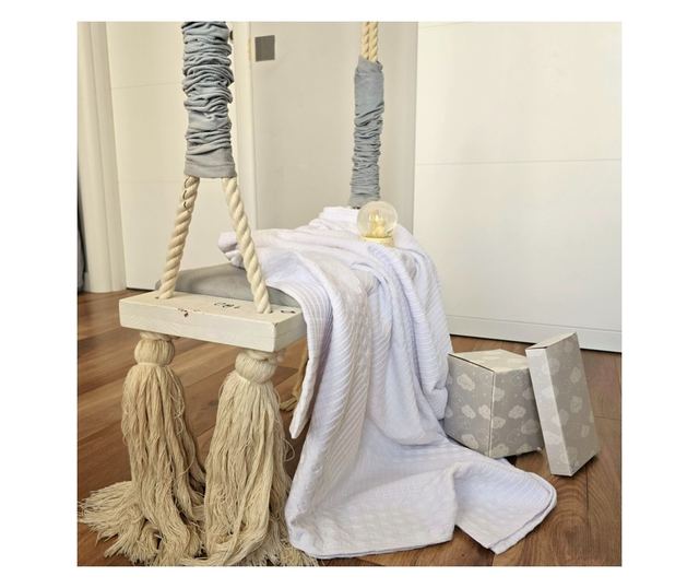 Kotonia Home Bebe 2 részes bölcső szett - fehér gofri takaró és ranforce ágynemű - 120x150 cm, nyuszis dekorációval