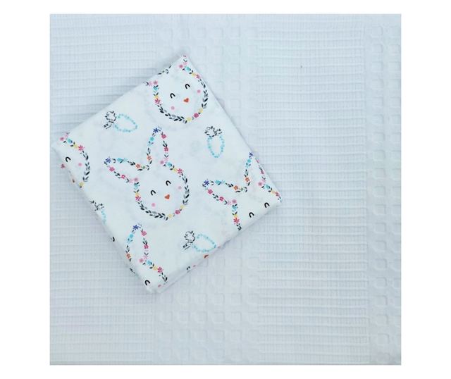 Kotonia Home Bebe 2 részes bölcső szett - fehér gofri takaró és ranforce ágynemű - 120x150 cm, nyuszis dekorációval