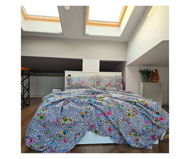 4 részes ágynemű, 2 személyes, klasszikus sima szövet, 100% pamut, pillangó dekoráció - 12