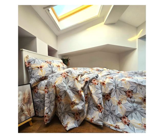 4 részes ágynemű, 2 személyes, klasszikus sima szövet, 100% pamut, virágmintás - 14