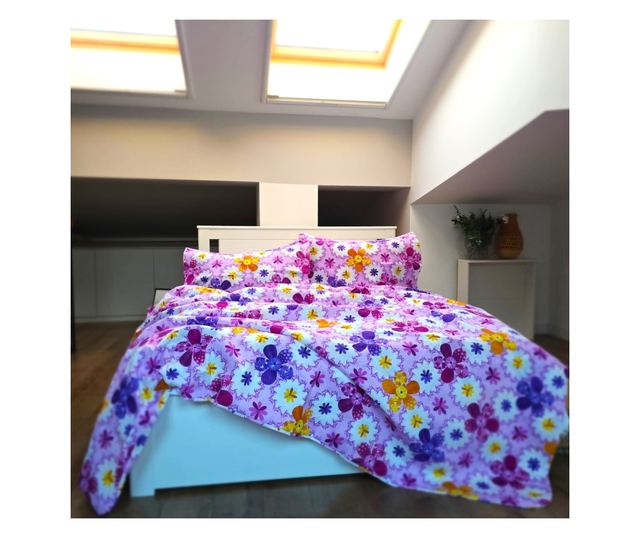 4 részes ágynemű, 2 személyes, klasszikus sima szövet, 100% pamut, virágmintás - 21