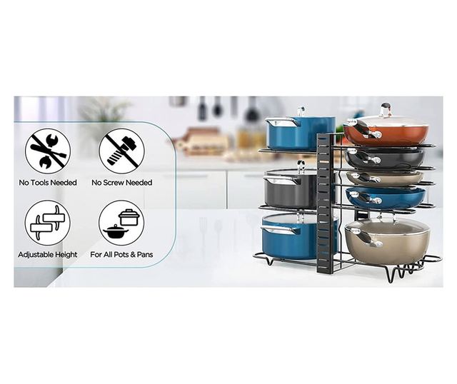 Állítható fém rendszerező edényekhez, serpenyőkhöz, vágódeszkákhoz, 48 x 38 cm, fekete