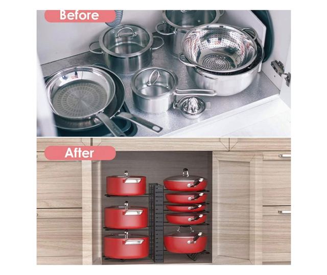 Állítható fém rendszerező edényekhez, serpenyőkhöz, vágódeszkákhoz, 48 x 38 cm, fekete