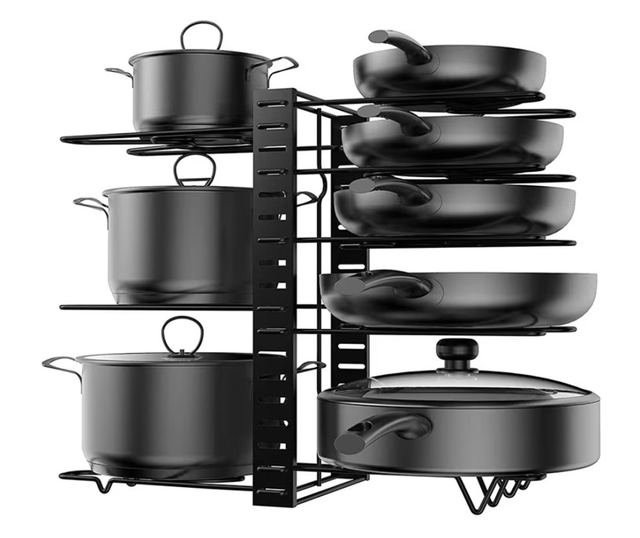 Állítható fém rendszerező edényekhez, serpenyőkhöz, vágódeszkákhoz, 48 x 38 cm, fekete