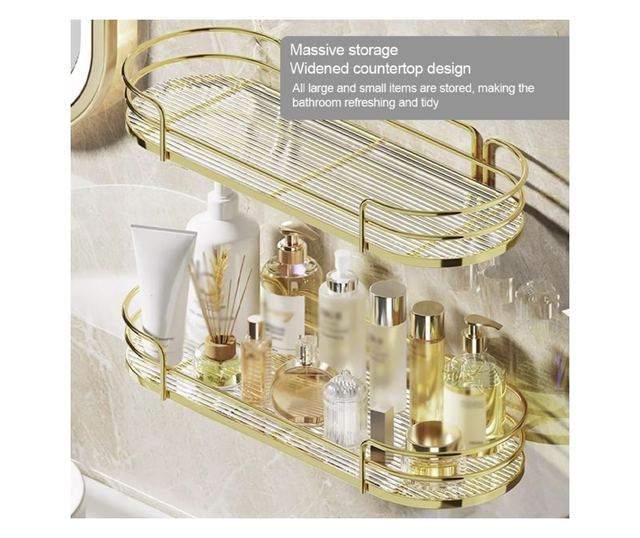 Pufo Luxury Arany Polc Fürdőszobába és Konyhába - Szervező Pultra vagy Falra, 30,5 x 14,5 cm, Arany