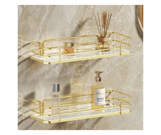 Pufo Luxury Arany Polc Fürdőszobába és Konyhába - Szervező Tartó Pultra vagy Falra, 31 x 14 cm, Arany