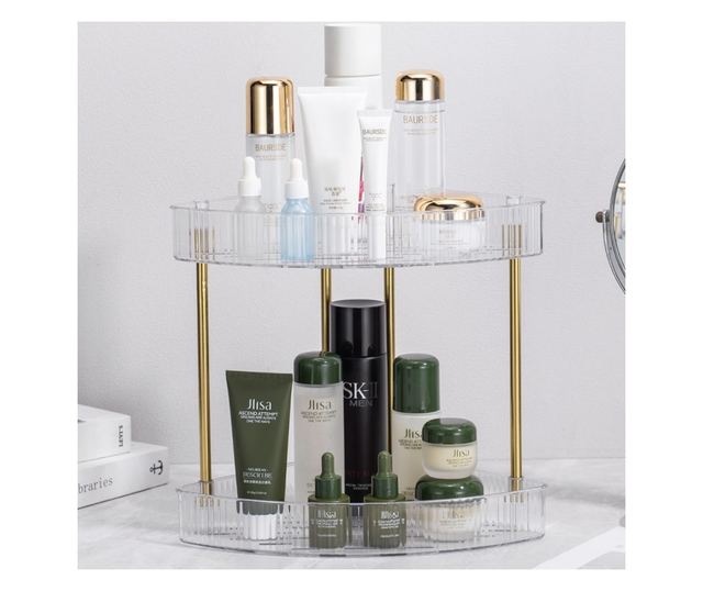 Pufo Luxury 2 szintes átlátszó fürdőszobai rendszerező arany fém kerettel, kozmetikumoknak, parfümöknek, 38,5 x 25 x 25 cm