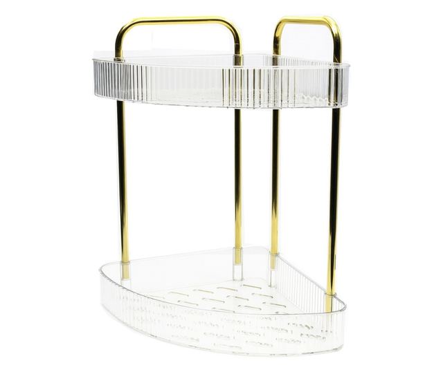 Pufo Luxury 2 szintes átlátszó fürdőszobai rendszerező arany fém kerettel, kozmetikumoknak, parfümöknek, 38,5 x 25 x 25 cm