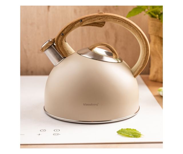 Klausberg KB 7913 sípoló vízforraló, 2,5 l, fahatású fogantyú, indukciós, bézs