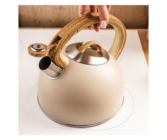 Klausberg KB 7913 sípoló vízforraló, 2,5 l, fahatású fogantyú, indukciós, bézs