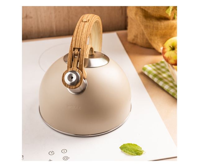 Klausberg KB 7913 sípoló vízforraló, 2,5 l, fahatású fogantyú, indukciós, bézs