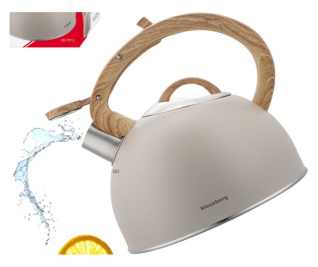 Klausberg KB 7913 sípoló vízforraló, 2,5 l, fahatású fogantyú, indukciós, bézs