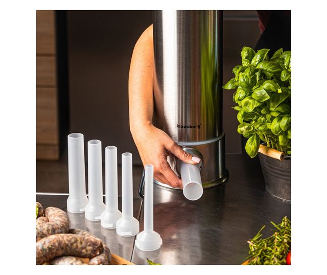 Klausberg KB 7927 kolbásztöltő gép, 5 kg, kézi, 14-35 mm, 6 tölcsér, rozsdamentes acél