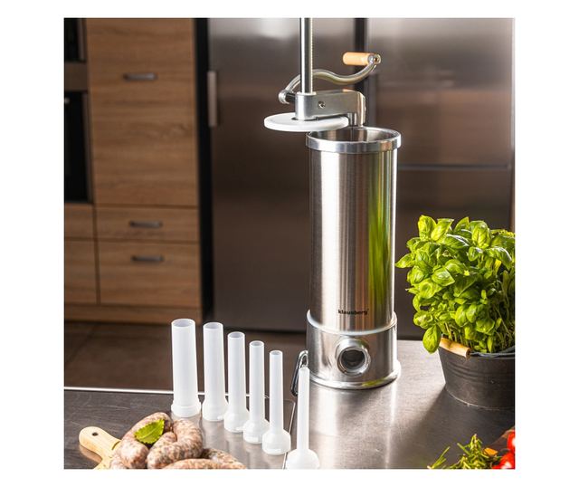 Klausberg KB 7927 kolbásztöltő gép, 5 kg, kézi, 14-35 mm, 6 tölcsér, rozsdamentes acél