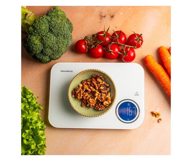 Klausberg KB 7938 konyhai mérleg, 5 kg, Bluetooth, mobilalkalmazás, LCD, tára, 4 jelző, folyadékok, jelzők, fehér/kék