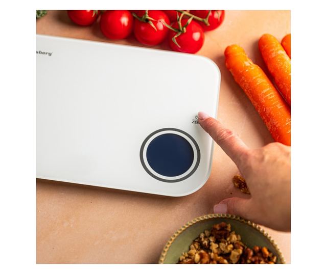 Klausberg KB 7938 konyhai mérleg, 5 kg, Bluetooth, mobilalkalmazás, LCD, tára, 4 jelző, folyadékok, jelzők, fehér/kék