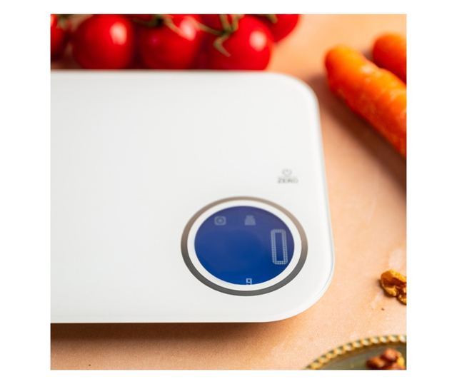 Klausberg KB 7938 konyhai mérleg, 5 kg, Bluetooth, mobilalkalmazás, LCD, tára, 4 jelző, folyadékok, jelzők, fehér/kék