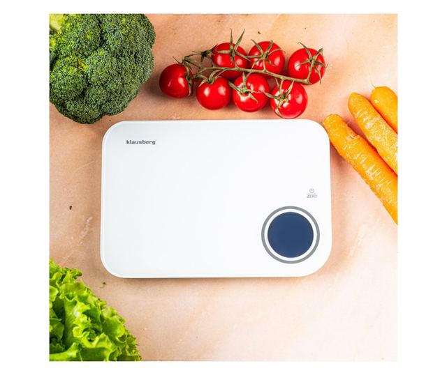 Klausberg KB 7938 konyhai mérleg, 5 kg, Bluetooth, mobilalkalmazás, LCD, tára, 4 jelző, folyadékok, jelzők, fehér/kék