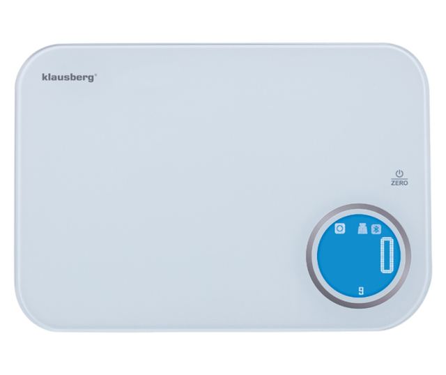 Klausberg KB 7938 konyhai mérleg, 5 kg, Bluetooth, mobilalkalmazás, LCD, tára, 4 jelző, folyadékok, jelzők, fehér/kék