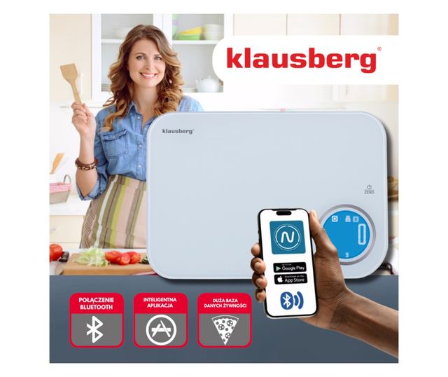 Klausberg KB 7938 konyhai mérleg, 5 kg, Bluetooth, mobilalkalmazás, LCD, tára, 4 jelző, folyadékok, jelzők, fehér/kék